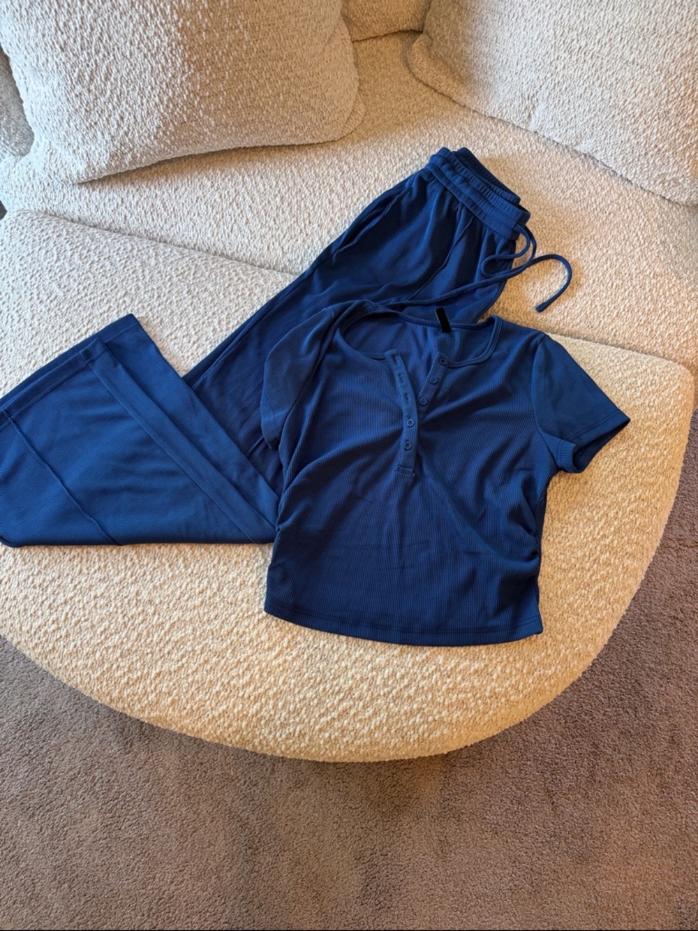 Ribbed Navy Short Sleeve Henley Pajama Set